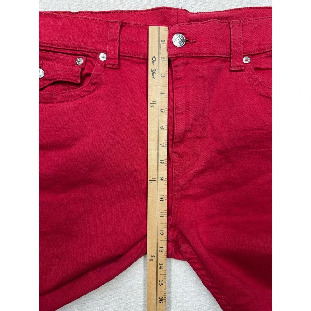 True Religion Ricky Flap Red Relaxed Straight Denim Shorts Mens 42 Raw Hem